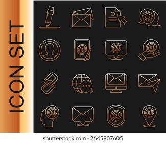 Set line Location and mail and e-mail, Envelope, Mail in hand, Document cursor, Create account screen, Pencil with eraser and  icon. Vector