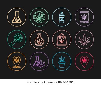 Set-Linie Lage und Marihuana, Marijuana oder Cannabis Blatt, Cup Kaffee mit, Test-Tube, Magnifying Glas, Einkaufstasche und Stopp-Symbol. Vektorgrafik