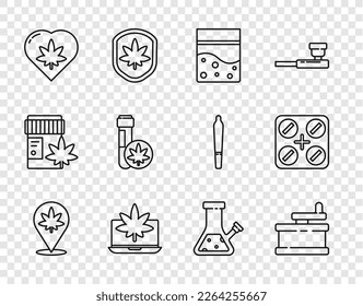 Fijar línea Ubicación y marihuana, Molino manual, Bolsa de plástico de cannabis, Portátil o, Corazón de hojas de Marihuana, Tubo de prueba químico con, Bong de vidrio para fumar e ícono de píldoras médicas. Vector