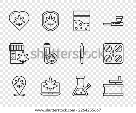 Set line Location and marijuana, Manual grinder, Plastic bag of cannabis, Laptop or, Marijuana leaf heart, Chemical test tube with, Glass bong for smoking and Medical pills icon. Vector