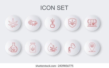 Set line Location and marijuana, Test tube with, Watering can, Marijuana or cannabis leaf, Shopping cart, Medical bottle and oil icon. Vector