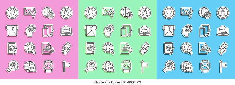 Set line Location marker, Chain link, Chat messages notification laptop, Earth globe with mail, Mail and e-mail, Envelope, Create account screen and Phone graphic tablet icon. Vector