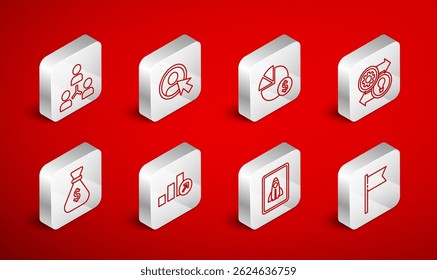 Set line Location marker, Create account screen, Pie chart and dollar, Human resources, Startup project concept, Project team base, Financial growth and Money bag icon. Vector