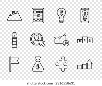 Fijar el marcador de ubicación, crecimiento financiero, bombilla con dólar, bolsa de dinero, bandera de Montañas, pantalla de creación de cuentas, Pieza de rompecabezas e icono de podio de negocios. Vector