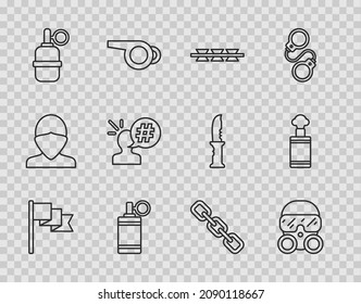 Set Line Location Marker, Gas Mask, Barbed Wire, Hand Grenade, Protest, Chain Link And  Icon. Vector