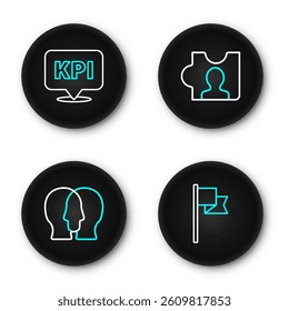 Set line Location marker, Project team base, Head hunting and Key performance indicator icon. Vector