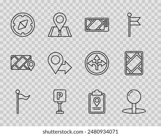 Set line Location marker, Push pin, Gps device with map, Parking, Compass, Folded location and  icon. Vector