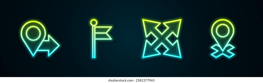 Set line Location, marker, Road traffic sign and . Glowing neon icon. Vector