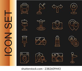 Set line Location marker, Route location, Road traffic sign, with person, Train and Laptop icon. Vector