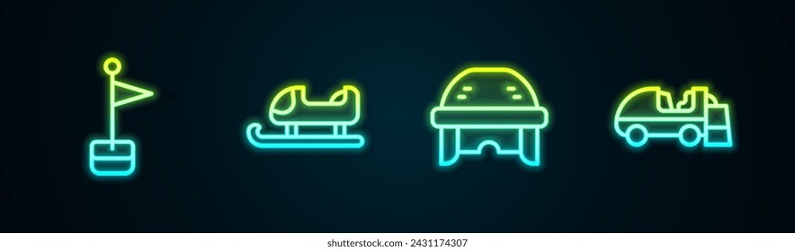 Set line Location marker, Sled, Hockey helmet and Ice resurfacer. Glowing neon icon. Vector