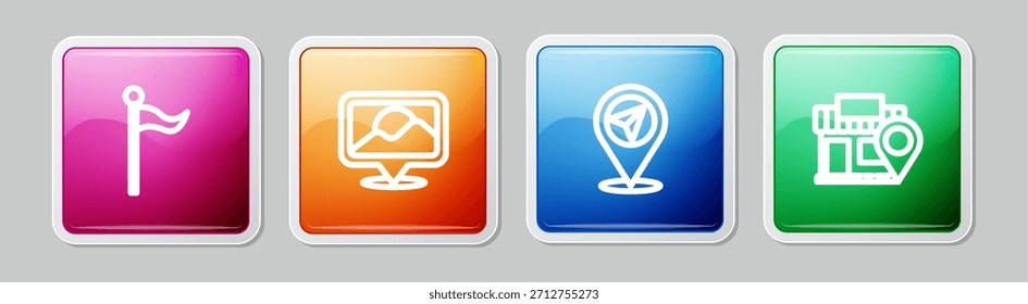Defina a linha Marcador de localização, e com armazenamento. Botão quadrado colorido. Vetor