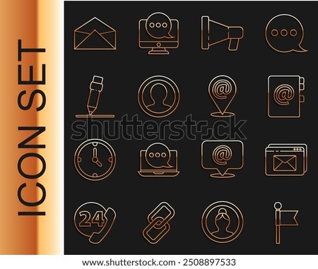 Set line Location marker, Website and envelope, Address book, Megaphone, Create account screen, Pencil with eraser, Envelope and mail e-mail icon. Vector