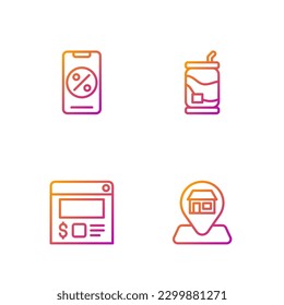 Set line Location Market store, Online ordering and delivery, Percent discount mobile and Soda can. Gradient color icons. Vector
