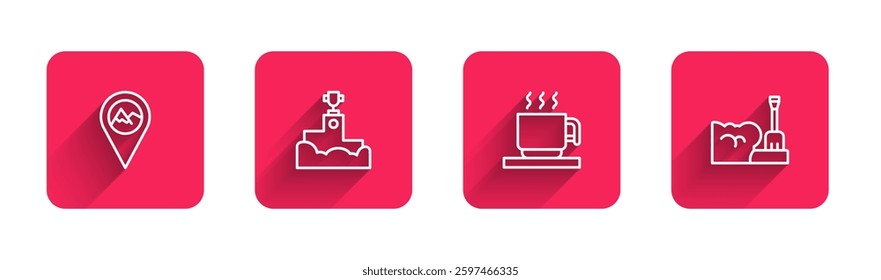 Set line Location with mountain, Award winner podium, Hot chocolate cup and Shovel snowdrift with long shadow. Red square button. Vector