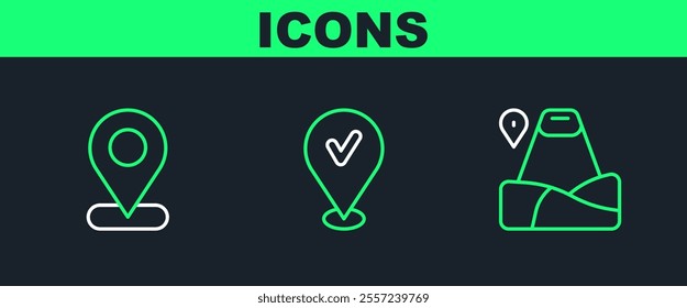Set line Location with mountain,  and check mark icon. Vector