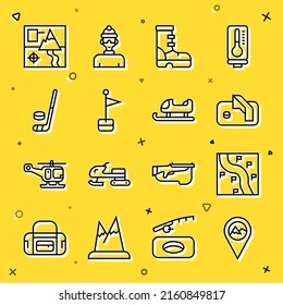 Set line Location with mountain, Route location, Ice hockey goal, Waterproof rubber boot, marker, stick and puck, Folded map and Sled icon. Vector