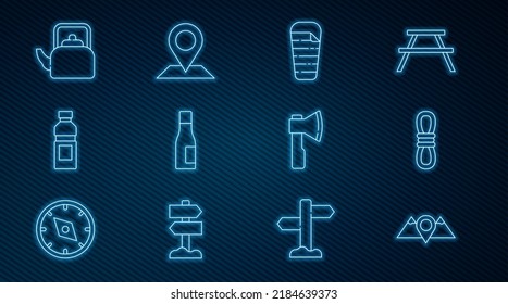 Set line Location mountains, Climber rope, Sleeping bag, Bottle of water, Kettle with handle, Wooden axe and  icon. Vector