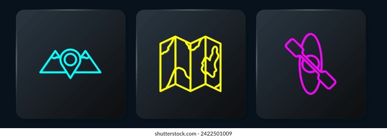 Set line Location mountains, Kayak or canoe and of the forest map. Black square button. Vector