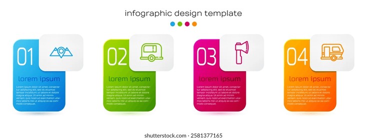 Set line Location mountains, Rv Camping trailer, Wooden axe and . Business infographic template. Vector