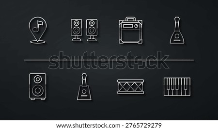 Set line Location musical note, Stereo speaker, Balalaika, Drum, Grand piano and Guitar amplifier icon. Vector