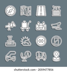 Set line Location, No cell phone, Pilot hat, Airport runway, Trolley baggage, Warning aircraft, Compass and Aircraft steering helm icon. Vector