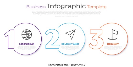Set line Location on the globe, Paper airplane and Flag. Business infographic template. Vector