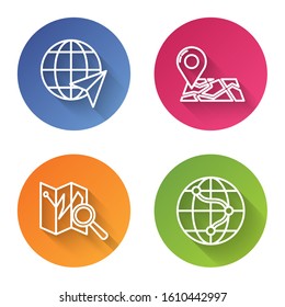 Set line Location on the globe, Folded map with location marker, Folded map with location marker and Location on the globe. Color circle button. Vector