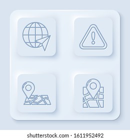 Set line Location on the globe, Exclamation mark in triangle, Folded map with location marker and Folded map with location marker. White square button. Vector