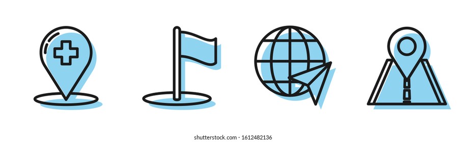 Set line Location on the globe, Medical map pointer with cross hospital, Flag and Road traffic sign icon. Vector