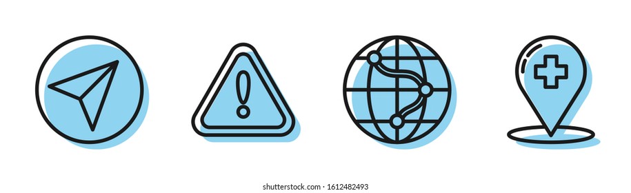 Set line Location on the globe, Paper airplane, Exclamation mark in triangle and Medical map pointer with cross hospital icon. Vector