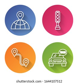 Set line Location on the globe, Traffic light, Route location and Taxi car. Color circle button. Vector