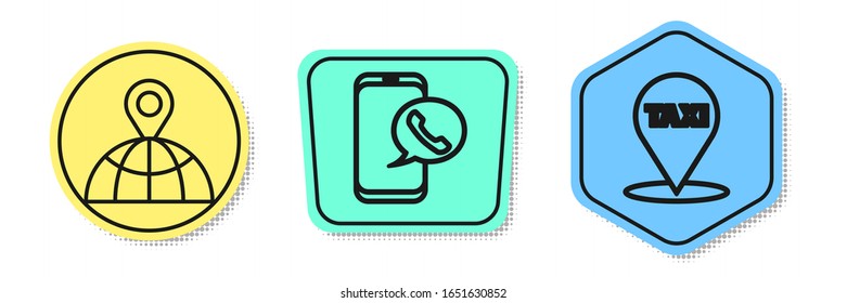 Set line Location on the globe, Taxi call telephone service and Map pointer with taxi. Colored shapes. Vector