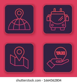 Set line Location on the globe, Folded map with location marker, Trolleybus and Hand on map pointer with taxi. Blue square button. Vector