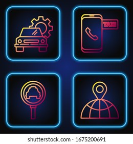 Ubicación en línea del mundo, Magnificación de vidrio y camión de taxi, servicio de Camión y servicio de llamadas de taxi. Iconos de color degradado. Vector