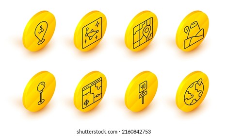 Set line Location on the globe, Road traffic sign, Infographic of city map, Push pin, with mountain, City navigation, Great Bear constellation and anchor icon. Vector