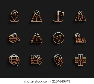 Establezca la ubicación de línea en el globo, el mapa doblado con el marcador de ubicación, el puntero del mapa, el pin, el símbolo de tráfico, el triángulo de exclamación y el icono del avión de papel. Vector