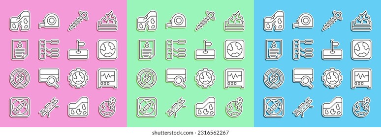 Set line Location on the globe, Seismograph, Earth, Construction jackhammer, Soil analysis, Oil drop document, Geological fault and Flag icon. Vector