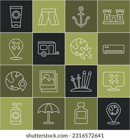 Set line Location on the globe, Speech bubble with airplane, Air conditioner, Anchor, Rv Camping trailer, Plane, Sunscreen cream tube and Globe flying icon. Vector