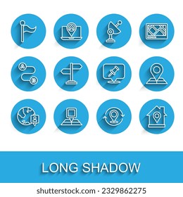Set line Location on the globe, Folded map with location marker, Flag, Map pin, house, Road traffic sign,  and Push icon. Vector