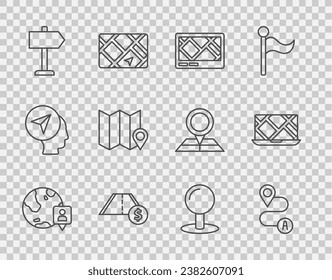 Set line Location on the globe, Route location, Gps device with map, Toll road traffic, Road sign, Folded marker, Push pin and City navigation icon. Vector