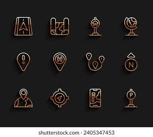 Set line Location on the globe, Compass, City map navigation, Parking, Helicopter landing pad,  and Route location icon. Vector