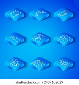 Set line Location on the globe, Flip flops, Photo, Calendar and airplane, Watermelon, Bottle of water, Swimming trunks and Sunscreen spray bottle icon. Vector