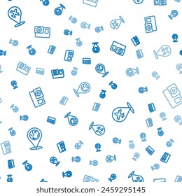 Set line Location on the globe, Plane and Action camera on seamless pattern. Vector