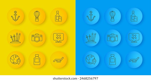 Set line Location on the globe, Ski and sticks, Photo camera, Sunbed umbrella, Speech bubble with airplane, Anchor, Whiskey bottle glass and Hot balloon icon. Vector