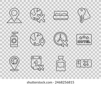Set line Location on the globe, Airline ticket, Hotel room bed, Calendar and airplane, Whiskey bottle and Signboard with text icon. Vector