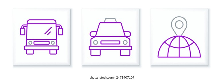 Set line Location on the globe, Bus and Taxi car icon. Vector
