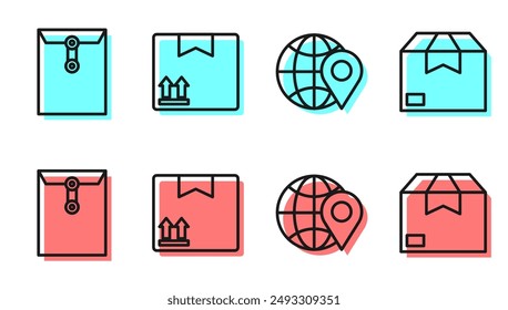 Set line Location on the globe, Envelope, Cardboard box with traffic symbol and Carton cardboard box icon. Vector