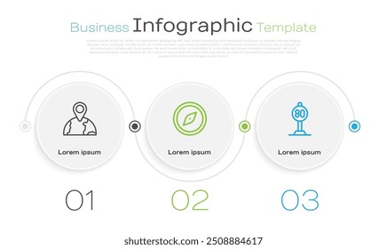 Set line Location on the globe, Compass and Speed limit traffic. Business infographic template. Vector