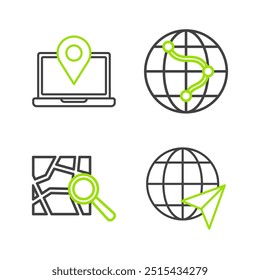 Definir a localização da linha no globo, Mapa dobrado com marcador de localização, Monitor e dobrado e ícone Laptop. Vetor