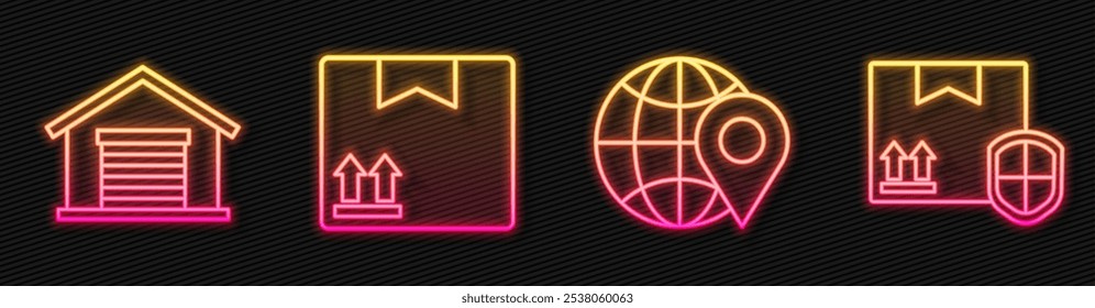 Set line Location on the globe, Warehouse, Cardboard box with traffic symbol and Delivery pack security with shield. Glowing neon icon. Vector